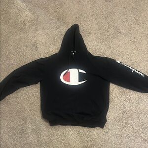 Champion Black Hoodie with Red and White Logo